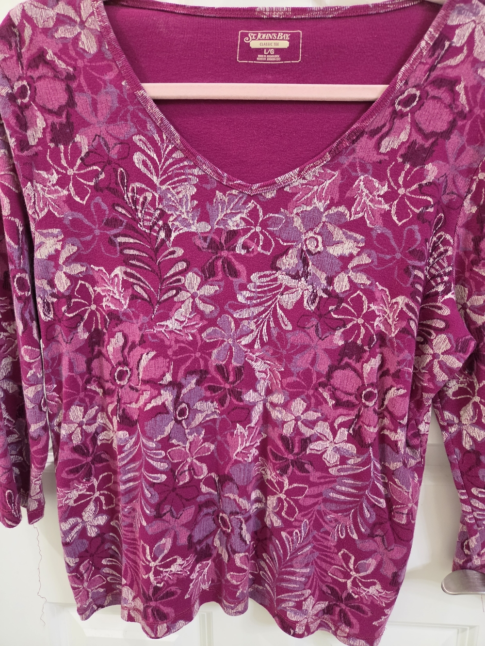 St. John's Bay Bright Magenta Floral V-Neck Long Sleeve Top